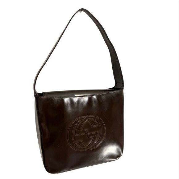 Gucci Patent Leather Authentic ! W serial# Brown Embossed Logo Shoulder Vintage - Picture 12 of 12